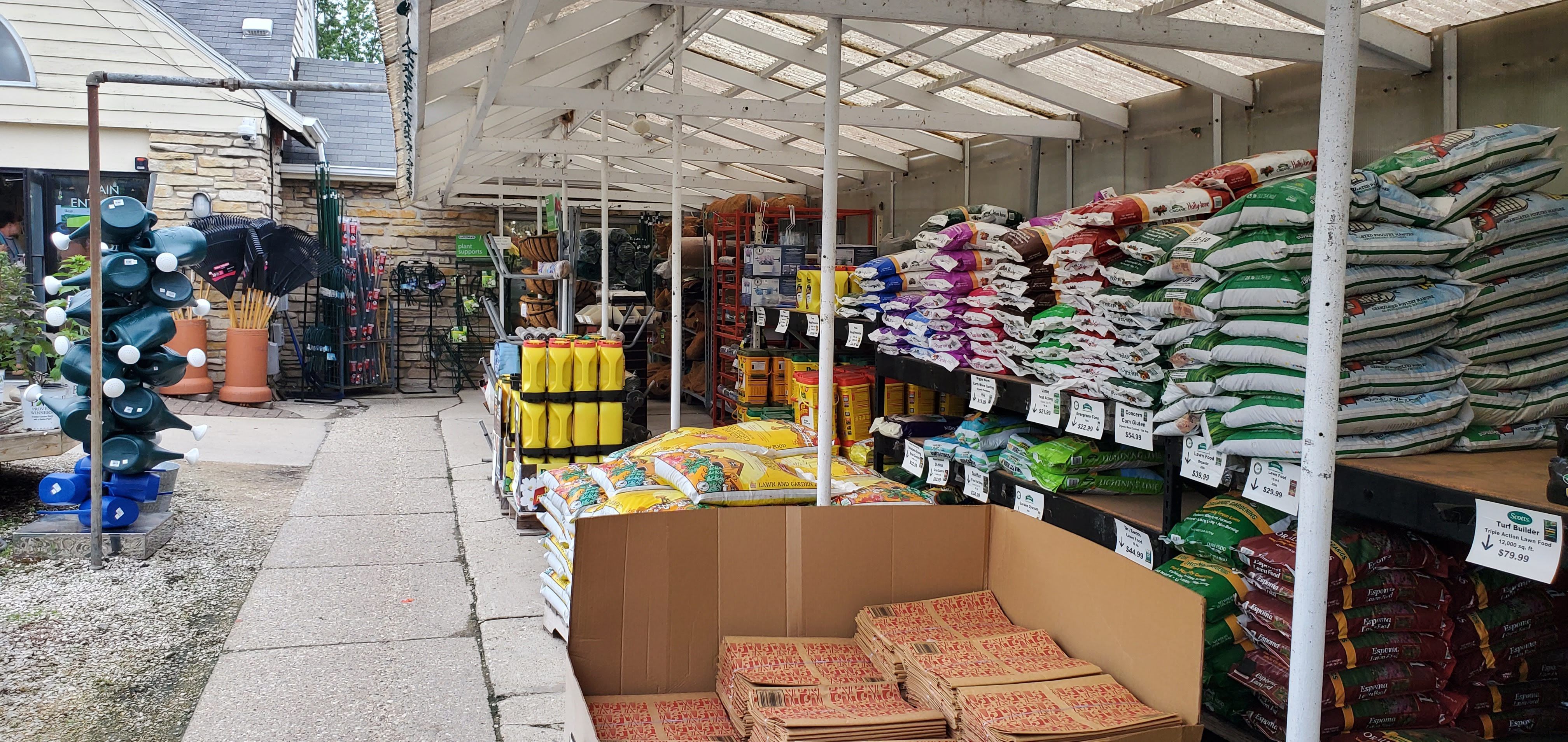 A  variety of garden supplies outside the Bayside Garden Center.